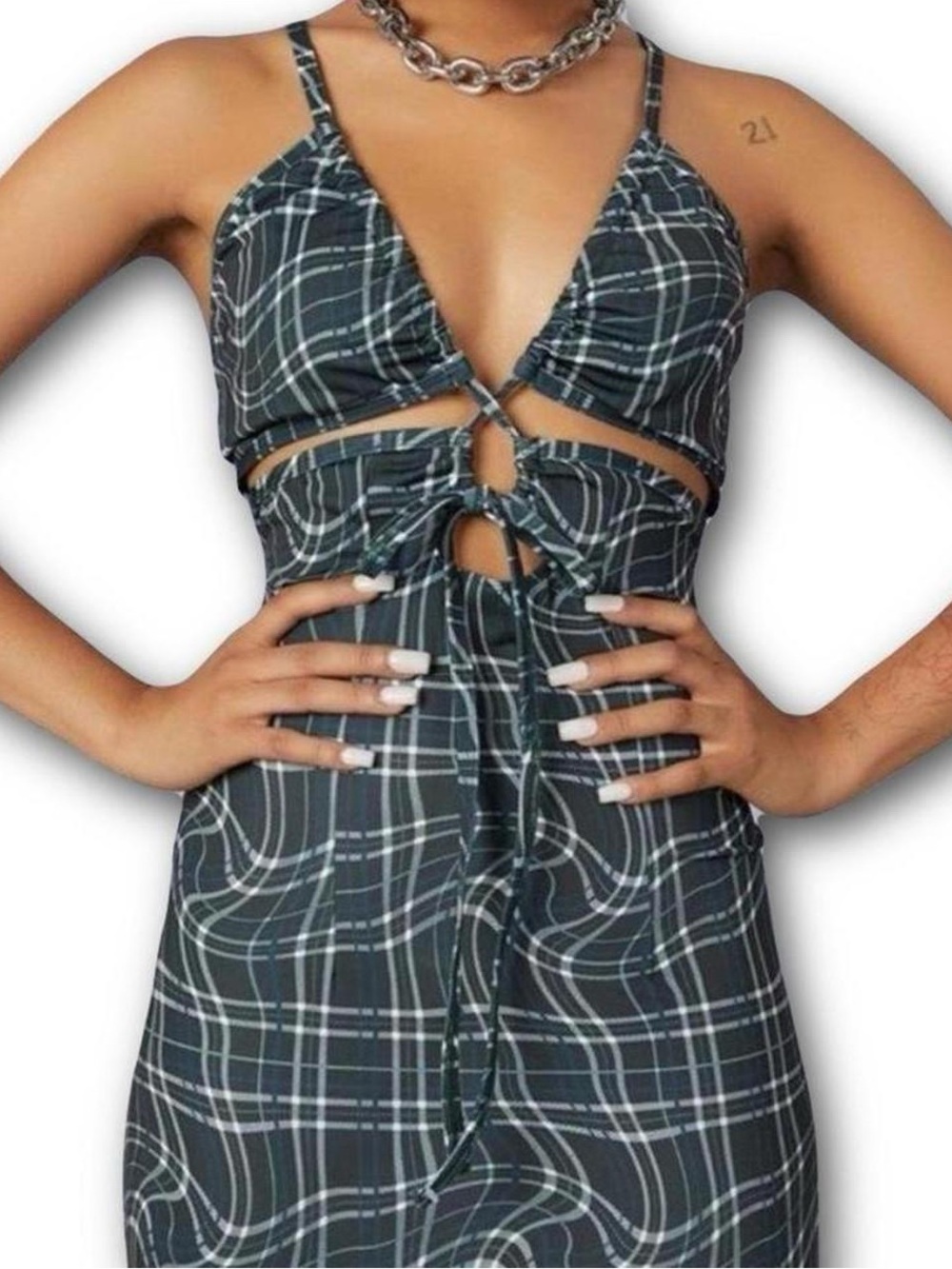 POSTER GRL Green Warp Plaid cutout Wrap bodycon Dress NWT